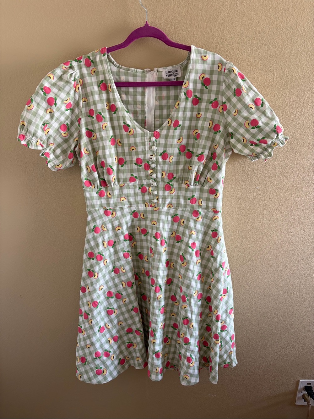 Unique Vintage Green Gingham Mini Dress with Peach print 2XL
